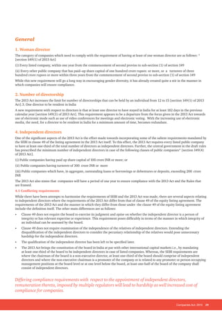 Companies Act, 2013 19
General
1. Woman director
The category of companies which need to comply with the requirement of having at least of one woman director are as follows: *
[section 149(1) of 2013 Act]
(i) Every listed company, within one year from the commencement of second proviso to sub-section (1) of section 149
(ii) Every other public company that has paid–up share capital of one hundred crore rupees or more, or a turnover of three
hundred crore rupees or more within three years from the commencement of second proviso to sub-section (1) of section 149
While this new requirement will go a long way in encouraging gender diversity, it has already created quite a stir in the manner in
which companies will ensure compliance.
2. Number of directorship
The 2013 Act increases the limit for number of directorships that can be held by an individual from 12 to 15 [section 149(1) of 2013
Act].3. One director to be resident in India
A new requirement with respect to directors is that at least one director to have stayed in India for at least 182 days in the previous
calendar year [section 149(3) of 2013 Act]. This requirement appears to be a departure from the focus given in the 2013 Act towards
use of electronic mode such as use of video conferences for meetings and electronic voting. With the increasing use of electronic
media, the need, for a director to be resident in India for a minimum amount of time, becomes redundant.
4. Independent directors
One of the significant aspects of the 2013 Act is the effort made towards incorporating some of the salient requirements mandated by
the SEBI in clause 49 of the listing agreement in the 2013 Act itself. To this effect, the 2013 Act requires every listed public company
to have at least one-third of the total number of directors as independent directors. Further, the central government in the draft rules
has prescribed the minimum number of independent directors in case of the following classes of public companies* [section 149(4)
of 2013 Act].
(i) Public companies having paid up share capital of 100 crore INR or more; or
(ii) Public companies having turnover of 300 crore INR or more
(iii) Public companies which have, in aggregate, outstanding loans or borrowings or debentures or deposits, exceeding 200 crore
INR
The 2013 Act also states that companies will have a period of one year to ensure compliance with the 2013 Act and the Rules that
are framed.
4.1 Conflicting requirements
While there have been attempts to harmonise the requirements of SEBI and the 2013 Act was made, there are several aspects relating
to independent directors where the requirements of the 2013 Act differ from that of clause 49 of the equity listing agreement. The
requirements of the 2013 Act and the manner in which they differ from those under the clause 49 of the equity listing agreement
include the definition itself. The other main differences are as follows:
• Clause 49 does not require the board to exercise its judgment and opine on whether the independent director is a person of
integrity or has relevant expertise or experience. This requirement poses difficultly in terms of the manner in which integrity of
an individual can be assessed by the board.
• Clause 49 does not require examination of the independence of the relatives of independent directors. Extending the
disqualification of the independent directors to consider the pecuniary relationship of the relatives would pose unnecessary
hardship for the independent directors.
• The qualification of the independent director has been left to be specified later.
• The 2013 Act brings the constitution of the board in India at par with other international capital markets i.e., by mandating
at least one-third of the board to be independent directors in case of listed companies. Whereas, the SEBI requirements are
where the chairman of the board is a non-executive director, at least one-third of the board should comprise of independent
directors and where the non-executive chairman is a promoter of the company or is related to any promoter or person occupying
management positions at the board level or at one level below the board, at least one-half of the board of the company shall
consist of independent directors.
Differing compliance requirements with respect to the appointment of independent directors,
remuneration thereto, imposed by multiple regulators will lead to hardship as well increased cost of
compliance for companies.
 