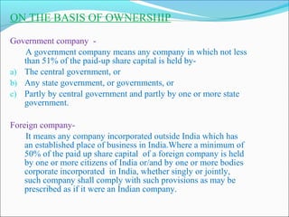 ON THE BASIS OF OWNERSHIP

Government company -
   A government company means any company in which not less
   than 51% of the paid-up share capital is held by-
a) The central government, or
b) Any state government, or governments, or
c) Partly by central government and partly by one or more state
   government.

Foreign company-
    It means any company incorporated outside India which has
    an established place of business in India.Where a minimum of
    50% of the paid up share capital of a foreign company is held
    by one or more citizens of India or/and by one or more bodies
    corporate incorporated in India, whether singly or jointly,
    such company shall comply with such provisions as may be
    prescribed as if it were an Indian company.
 