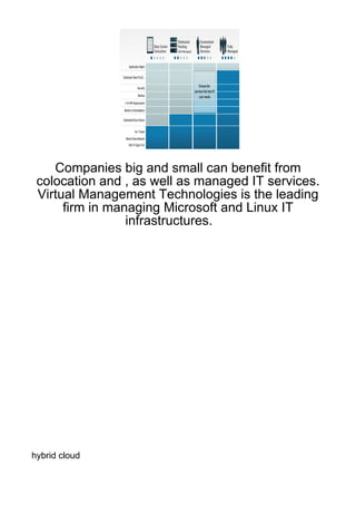 Companies big and small can benefit from
 colocation and , as well as managed IT services.
 Virtual Management Technologies is the leading
      firm in managing Microsoft and Linux IT
                 infrastructures.




hybrid cloud
 