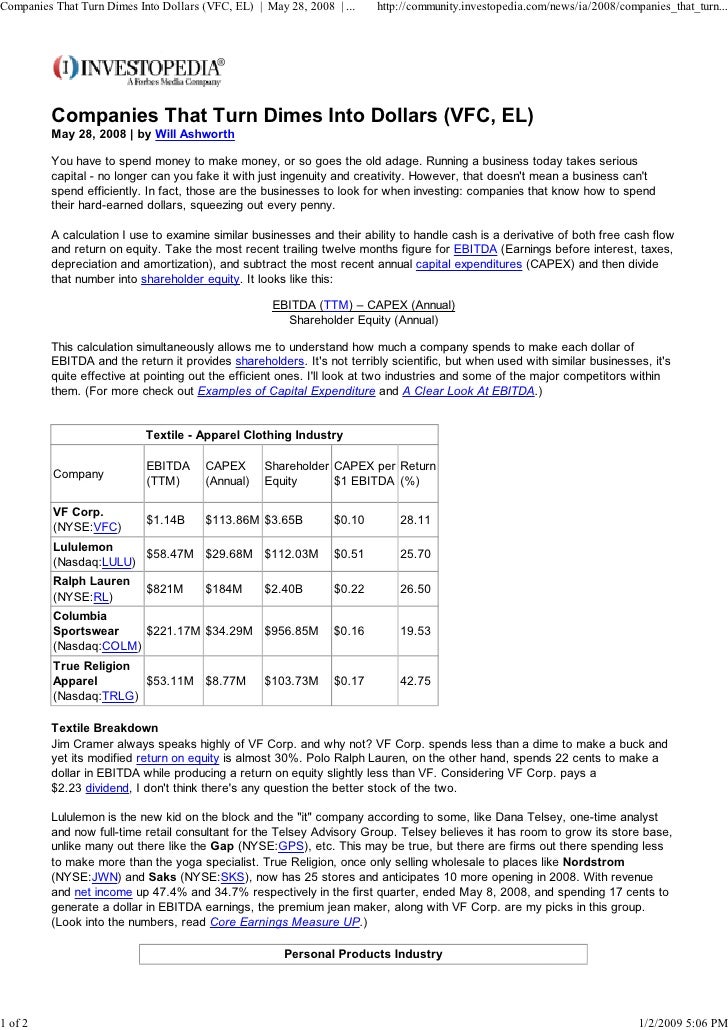 Companies That Turn Dimes Into Dollars (VFC, EL) | May 28, 2008 | ...   http://community.investopedia.com/news/ia/2008/com...