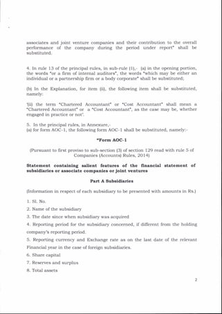 associates and joint venture companies and their contribution to the overall
performalce of the company during the period under report" shall be
substituted.
4. In rule 13 of the principal rules, in sub-rule (1),- (a) in the opening portion,
the words nor a firm of internal auditors', the words "which may be either an
individual or a partnership firm or a body corporate' shall be substituted;
(b) In the Explanation, for item (ii), the following item shall be substituted,
namely:
(ii) the term "Chartered Accountant" or "Cost Accountant' shall mean a
"Chartered Accountant" or a "Cost Accountant", as the case may be, whether
engaged in practice or not'.
5. In the principal rules, in Annexure,-
(a) for form AOC-1, the following form AOC-1 shall be substituted, namely:-
'Form AOC- 1
(Pursuant to first proviso to sub-section (3) of section 129 read with rule 5 of
Companies (Accounts) Rules, 2O14)
Statement contalnlng sallent features of the flnancial statement of
subsldiarles or assoclate companles or Joint ventures
Part A Subsldlerles
(Information in respect of each subsidiary to be presented with amounts in Rs.)
1. Sl. No.
2. Name of the subsidiary
3. The date since when subsidiary was acquired
4. Reporting period for the subsidiary concerned, if different from the holding
company's reporting period.
5. Reporting currency and Exchange rate as on the last date of the relevant
Financial year in the case of foreign subsidiaries.
6. Share capital
7. Reserves and surplus
B. Total assets
 
