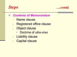 Steps  …contd. Contents of Memorandum  Name clause Registered office clause Object clause Doctrine of  ultra-vires Liability clause Capital clause 
