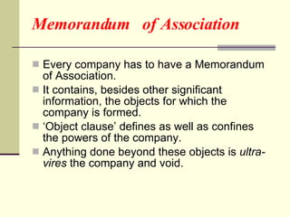 Memorandum  of Association Every company has to have a Memorandum of Association. It contains, besides other significant information, the objects for which the company is formed. ‘ Object clause’ defines as well as confines the powers of the company. Anything done beyond these objects is  ultra-vires  the company and void. 