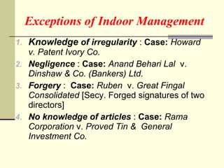 Exceptions of Indoor Management Knowledge  of irregularity  :  Case:   Howard v. Patent Ivory Co.   Negligence  :  Case:   Anand Behari Lal   v.  Dinshaw & Co. (Bankers) Ltd.   Forgery  :  Case:   Ruben   v.  Great Fingal Consolidated  [Secy. Forged signatures of two directors] No knowledge of articles  :  Case:   Rama Corporation  v.  Proved Tin &  General Investment Co.   