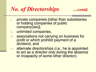 No. of Directorships  …contd. private companies [other than subsidiaries or holding companies of public company(ies)]. unlimited companies, associations not carrying on business for profit or which prohibit payment of a dividend, and alternate directorships ( i.e.,  he is appointed to act as a director only during the absence or incapacity of some other director). 