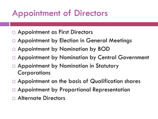 Appointment of Directors
   Appointment as First Directors
   Appointment by Election in General Meetings
   Appointment by Nomination by BOD
   Appointment by Nomination by Central Government
   Appointment by Nomination in Statutory
    Corporations
   Appointment on the basis of Qualification shares
   Appointment by Proportional Representation
   Alternate Directors
 
