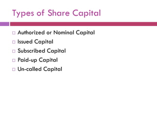 Types of Share Capital
   Authorized or Nominal Capital
   Issued Capital
   Subscribed Capital
   Paid-up Capital
   Un-called Capital
 