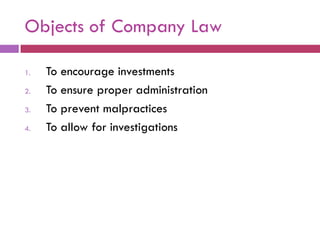 Objects of Company Law

1.   To encourage investments
2.   To ensure proper administration
3.   To prevent malpractices
4.   To allow for investigations
 