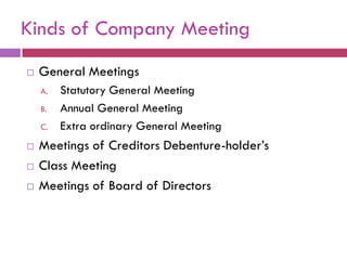 Kinds of Company Meeting
   General Meetings
    A.   Statutory General Meeting
    B.   Annual General Meeting
    C.   Extra ordinary General Meeting
   Meetings of Creditors Debenture-holder‟s
   Class Meeting
   Meetings of Board of Directors
 