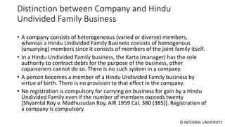 © INTEGRAL UNIVERSITY
Distinction between Company and Hindu
Undivided Family Business
• A company consists of heterogeneous (varied or diverse) members,
whereas a Hindu Undivided Family Business consists of homogenous
(unvarying) members since it consists of members of the joint family itself.
• In a Hindu Undivided Family business, the Karta (manager) has the sole
authority to contract debts for the purpose of the business, other
coparceners cannot do so. There is no such system in a company.
• A person becomes a member of a Hindu Undivided Family business by
virtue of birth. There is no provision to that effect in the company.
• No registration is compulsory for carrying on business for gain by a Hindu
Undivided Family even if the number of members exceeds twenty
[Shyamlal Roy v. Madhusudan Roy, AIR 1959 Cal. 380 (385)]. Registration of
a company is compulsory.
 