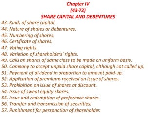 Chapter IV
(43-72)
SHARE CAPITAL AND DEBENTURES
43. Kinds of share capital.
44. Nature of shares or debentures.
45. Numbering of shares.
46. Certificate of shares.
47. Voting rights.
48. Variation of shareholders' rights.
49. Calls on shares of same class to be made on uniform basis.
50. Company to accept unpaid share capital, although not called up.
51. Payment of dividend in proportion to amount paid-up.
52. Application of premiums received on issue of shares.
53. Prohibition on issue of shares at discount.
54. Issue of sweat equity shares.
55. Issue and redemption of preference shares.
56. Transfer and transmission of securities.
57. Punishment for personation of shareholder.
 