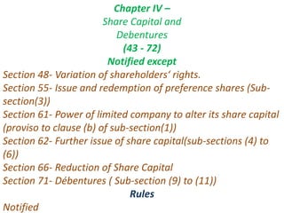 Chapter IV –
Share Capital and
Debentures
(43 - 72)
Notified except
Section 48- Variation of shareholders‘ rights.
Section 55- Issue and redemption of preference shares (Sub-
section(3))
Section 61- Power of limited company to alter its share capital
(proviso to clause (b) of sub-section(1))
Section 62- Further issue of share capital(sub-sections (4) to
(6))
Section 66- Reduction of Share Capital
Section 71- Débentures ( Sub-section (9) to (11))
Rules
Notified
 