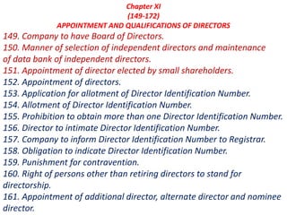 Chapter XI
(149-172)
APPOINTMENT AND QUALIFICATIONS OF DIRECTORS
149. Company to have Board of Directors.
150. Manner of selection of independent directors and maintenance
of data bank of independent directors.
151. Appointment of director elected by small shareholders.
152. Appointment of directors.
153. Application for allotment of Director Identification Number.
154. Allotment of Director Identification Number.
155. Prohibition to obtain more than one Director Identification Number.
156. Director to intimate Director Identification Number.
157. Company to inform Director Identification Number to Registrar.
158. Obligation to indicate Director Identification Number.
159. Punishment for contravention.
160. Right of persons other than retiring directors to stand for
directorship.
161. Appointment of additional director, alternate director and nominee
director.
 