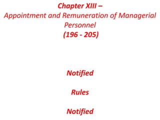 Chapter XIII –
Appointment and Remuneration of Managerial
Personnel
(196 - 205)
Notified
Rules
Notified
 