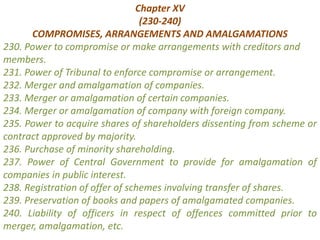 Chapter XV
(230-240)
COMPROMISES, ARRANGEMENTS AND AMALGAMATIONS
230. Power to compromise or make arrangements with creditors and
members.
231. Power of Tribunal to enforce compromise or arrangement.
232. Merger and amalgamation of companies.
233. Merger or amalgamation of certain companies.
234. Merger or amalgamation of company with foreign company.
235. Power to acquire shares of shareholders dissenting from scheme or
contract approved by majority.
236. Purchase of minority shareholding.
237. Power of Central Government to provide for amalgamation of
companies in public interest.
238. Registration of offer of schemes involving transfer of shares.
239. Preservation of books and papers of amalgamated companies.
240. Liability of officers in respect of offences committed prior to
merger, amalgamation, etc.
 
