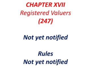 CHAPTER XVII
Registered Valuers
(247)
Not yet notified
Rules
Not yet notified
 