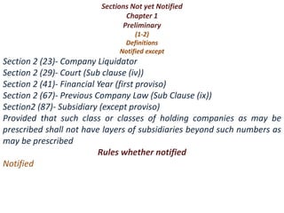 Sections Not yet Notified
Chapter 1
Preliminary
(1-2)
Definitions
Notified except
Section 2 (23)- Company Liquidator
Section 2 (29)- Court (Sub clause (iv))
Section 2 (41)- Financial Year (first proviso)
Section 2 (67)- Previous Company Law (Sub Clause (ix))
Section2 (87)- Subsidiary (except proviso)
Provided that such class or classes of holding companies as may be
prescribed shall not have layers of subsidiaries beyond such numbers as
may be prescribed
Rules whether notified
Notified
 