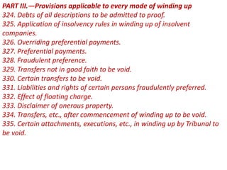 PART III.—Provisions applicable to every mode of winding up
324. Debts of all descriptions to be admitted to proof.
325. Application of insolvency rules in winding up of insolvent
companies.
326. Overriding preferential payments.
327. Preferential payments.
328. Fraudulent preference.
329. Transfers not in good faith to be void.
330. Certain transfers to be void.
331. Liabilities and rights of certain persons fraudulently preferred.
332. Effect of floating charge.
333. Disclaimer of onerous property.
334. Transfers, etc., after commencement of winding up to be void.
335. Certain attachments, executions, etc., in winding up by Tribunal to
be void.
 