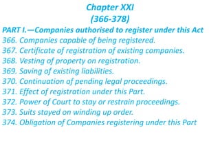 Chapter XXI
(366-378)
PART I.—Companies authorised to register under this Act
366. Companies capable of being registered.
367. Certificate of registration of existing companies.
368. Vesting of property on registration.
369. Saving of existing liabilities.
370. Continuation of pending legal proceedings.
371. Effect of registration under this Part.
372. Power of Court to stay or restrain proceedings.
373. Suits stayed on winding up order.
374. Obligation of Companies registering under this Part
 