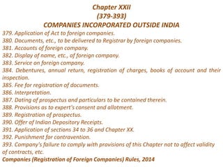 Chapter XXII
(379-393)
COMPANIES INCORPORATED OUTSIDE INDIA
379. Application of Act to foreign companies.
380. Documents, etc., to be delivered to Registrar by foreign companies.
381. Accounts of foreign company.
382. Display of name, etc., of foreign company.
383. Service on foreign company.
384. Debentures, annual return, registration of charges, books of account and their
inspection.
385. Fee for registration of documents.
386. Interpretation.
387. Dating of prospectus and particulars to be contained therein.
388. Provisions as to expert's consent and allotment.
389. Registration of prospectus.
390. Offer of Indian Depository Receipts.
391. Application of sections 34 to 36 and Chapter XX.
392. Punishment for contravention.
393. Company's failure to comply with provisions of this Chapter not to affect validity
of contracts, etc.
Companies (Registration of Foreign Companies) Rules, 2014
 