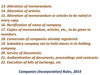 13. Alteration of memorandum.
14. Alteration of articles.
15. Alteration of memorandum or articles to be noted in
every copy.
16. Rectification of name of company.
17. Copies of memorandum, articles, etc., to be given to
members.
18. Conversion of companies already registered.
19. Subsidiary company not to hold shares in its holding
company.
20. Service of documents.
21. Authentication of documents, proceedings and contracts.
22. Execution of bills of exchange, etc
Companies (Incorporation) Rules, 2014
 
