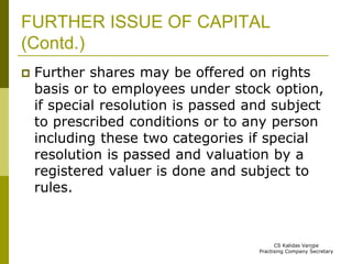 FURTHER ISSUE OF CAPITAL 
(Contd.) 
 Further shares may be offered on rights 
basis or to employees under stock option, 
if special resolution is passed and subject 
to prescribed conditions or to any person 
including these two categories if special 
resolution is passed and valuation by a 
registered valuer is done and subject to 
rules. 
CS Kalidas Vanjpe 
Practising Company Secretary 
 