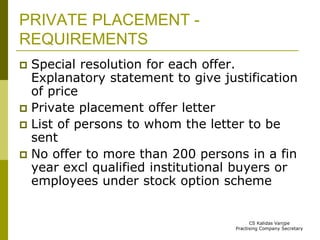 PRIVATE PLACEMENT - 
REQUIREMENTS 
 Special resolution for each offer. 
Explanatory statement to give justification 
of price 
 Private placement offer letter 
 List of persons to whom the letter to be 
sent 
 No offer to more than 200 persons in a fin 
year excl qualified institutional buyers or 
employees under stock option scheme 
CS Kalidas Vanjpe 
Practising Company Secretary 
 