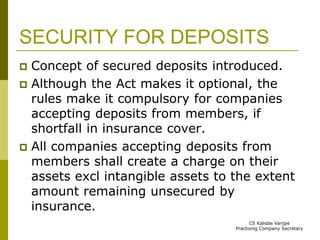 SECURITY FOR DEPOSITS 
 Concept of secured deposits introduced. 
 Although the Act makes it optional, the 
rules make it compulsory for companies 
accepting deposits from members, if 
shortfall in insurance cover. 
 All companies accepting deposits from 
members shall create a charge on their 
assets excl intangible assets to the extent 
amount remaining unsecured by 
insurance. 
CS Kalidas Vanjpe 
Practising Company Secretary 
 