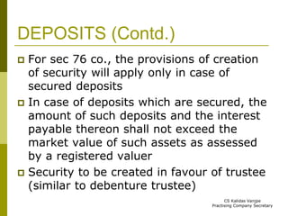 DEPOSITS (Contd.) 
 For sec 76 co., the provisions of creation 
of security will apply only in case of 
secured deposits 
 In case of deposits which are secured, the 
amount of such deposits and the interest 
payable thereon shall not exceed the 
market value of such assets as assessed 
by a registered valuer 
 Security to be created in favour of trustee 
(similar to debenture trustee) 
CS Kalidas Vanjpe 
Practising Company Secretary 
 