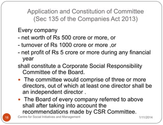Application and Constitution of Committee
(Sec 135 of the Companies Act 2013)
Every company
- net worth of Rs 500 crore or more, or
- turnover of Rs 1000 crore or more ,or
- net profit of Rs 5 crore or more during any financial
year
shall constitute a Corporate Social Responsibility
Committee of the Board.
 The committee would comprise of three or more
directors, out of which at least one director shall be
an independent director .
 The Board of every company referred to above
shall after taking into account the
recommendations made by CSR Committee.
18

Centre for Social Initiatives and Management

1/11/2014

 