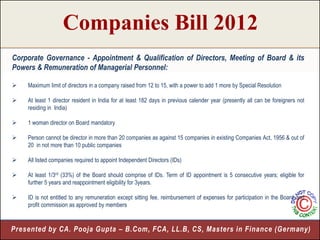 Companies Bill 2012
Corporate Governance - Appointment & Qualification of Directors, Meeting of Board & its
Powers & Remuneration of Managerial Personnel:

   Maximum limit of directors in a company raised from 12 to 15, with a power to add 1 more by Special Resolution

   At least 1 director resident in India for at least 182 days in previous calender year (presently all can be foreigners not
    residing in India)

   1 woman director on Board mandatory

   Person cannot be director in more than 20 companies as against 15 companies in existing Companies Act, 1956 & out of
    20 in not more than 10 public companies

   All listed companies required to appoint Independent Directors (IDs)

   At least 1/3rd (33%) of the Board should comprise of IDs. Term of ID appointment is 5 consecutive years; eligible for
    further 5 years and reappointment eligibility for 3years.

   ID is not entitled to any remuneration except sitting fee, reimbursement of expenses for participation in the Board and
    profit commission as approved by members


Presented by CA. Pooja Gupta – B.Com, FCA, LL.B, CS, Masters in Finance (Germany)
                                                                              7
 