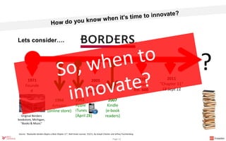 2007
Kindle
(e-book
readers)
?
Lets consider….
Source: “Bookseller Borders Begins a New Chapter 11”, Wall Street Journal, 7/2/11, By Joseph Checker and Jeffrey Trachtenberg
1994
Amazon
(online store)
1971
Founde
d
(USA)
2005
Stores
Est.1300
2010
Stores
Est. 600
2011
“Chapter 11”
18 Sept 11
Original Borders
bookstore, Michigan,
"Books & Music"
2003
Apple
iTunes
(April 28)
Page 13
 