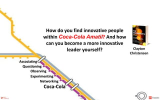 Associating
Networking
Questioning
Observing
Experimenting
Coca-Cola
How do you find innovative people
within Coca-Cola Amatil? And how
can you become a more innovative
leader yourself? Clayton
Christensen
Page 19
 