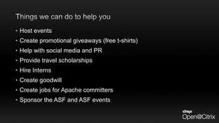 • Host events
• Create promotional giveaways (free t-shirts)
• Help with social media and PR
• Provide travel scholarships
• Hire Interns
• Create goodwill
• Create jobs for Apache committers
• Sponsor the ASF and ASF events
 