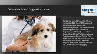 Companion Animal Diagnostics Market
Companion Animal Diagnostics Market
Forecast to 2027 - Covid-19 Impact and
Global Analysis by Technology
(Immunodiagnostics, Clinical Biochemistry,
Hematology, Urinalysis, Molecular
Diagnostics, and Others); Application
(Bacteriology, Clinical Pathology, Virology,
Parasitology, and Others); Animal Type
(Dogs, Cats, Horses, and Others); End User
(Diagnostic Laboratories, Veterinary
Hospitals and Clinics, Research Institutes
and Universities);and Geography
 
