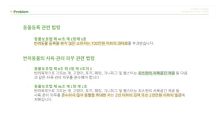 반려동물의 사육・관리 의무 관련 법령
- 동물보호법 제 8조 제 2항 제 3호의 2
반려목적으로 기르는 개, 고양이, 토끼, 페럿, 기니피그 및 햄스터는 최소한의 사육공간 제공 등 다음
과 같은 사육・관리 의무를 준수해야 합니다
- 동물보호법 제 46조 제 1항 제 1호
반려목적으로 기르는 개, 고양이, 토끼, 페럿, 기니피그 및 햄스터는 최소한의 사육공간 제공 등
사육・관리 의무를 준수하지 않아 동물을 학대한 자는 2년 이하의 징역 또는 2천만원 이하의 벌금에
처해집니다.
동물등록 관련 법령
- 동물보호법 제 47조 제 2항제 5호
반려동물 등록을 하지 않은 소유자는 100만원 이하의 과태료를 부과받습니다.
 