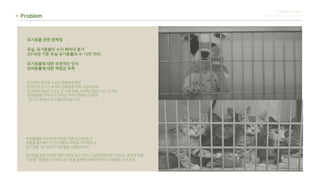 Problem
디지털미디어컨텐츠
류한솔 장민주 차유나 한유진
유기동물 관련 문제점
유실, 유기동물의 수가 해마다 증가
2018년 기준 유실 유기동물의 수 12만 마리.
유기동물에 대한 부정적인 인식
반려동물에 대한 책임감 부족
민간위탁 위주로 구성된 동물보호센터
반려인의 장기간 부재시 반려동물 위탁 시설의 부족
민간위탁시설은 225소 인 것에 비해, 지자체 직영의 수는 31개소
반려동물을 키우다가 더이상 키우지 못하는 이유로
‘장기간 부재’가 큰 비율(25%)을 차지
반려동물을 키우게 된 이유로 ‘예쁘고 귀여워서/
동물을 좋아해서’가 큰 비율(53.3%)을 차지했으나
유기견중 1살 미만이 가장 많은 상황(29.9%)
유기동물 입양 찬성에 대한 의견은 늘고 있으나 실제 입양으로 이어지는 경우의 적음
‘더러움’ ‘질병’등의 이유로 유기동물 입양에 대해 부정적이고 왜곡된 시선 존재.
 
