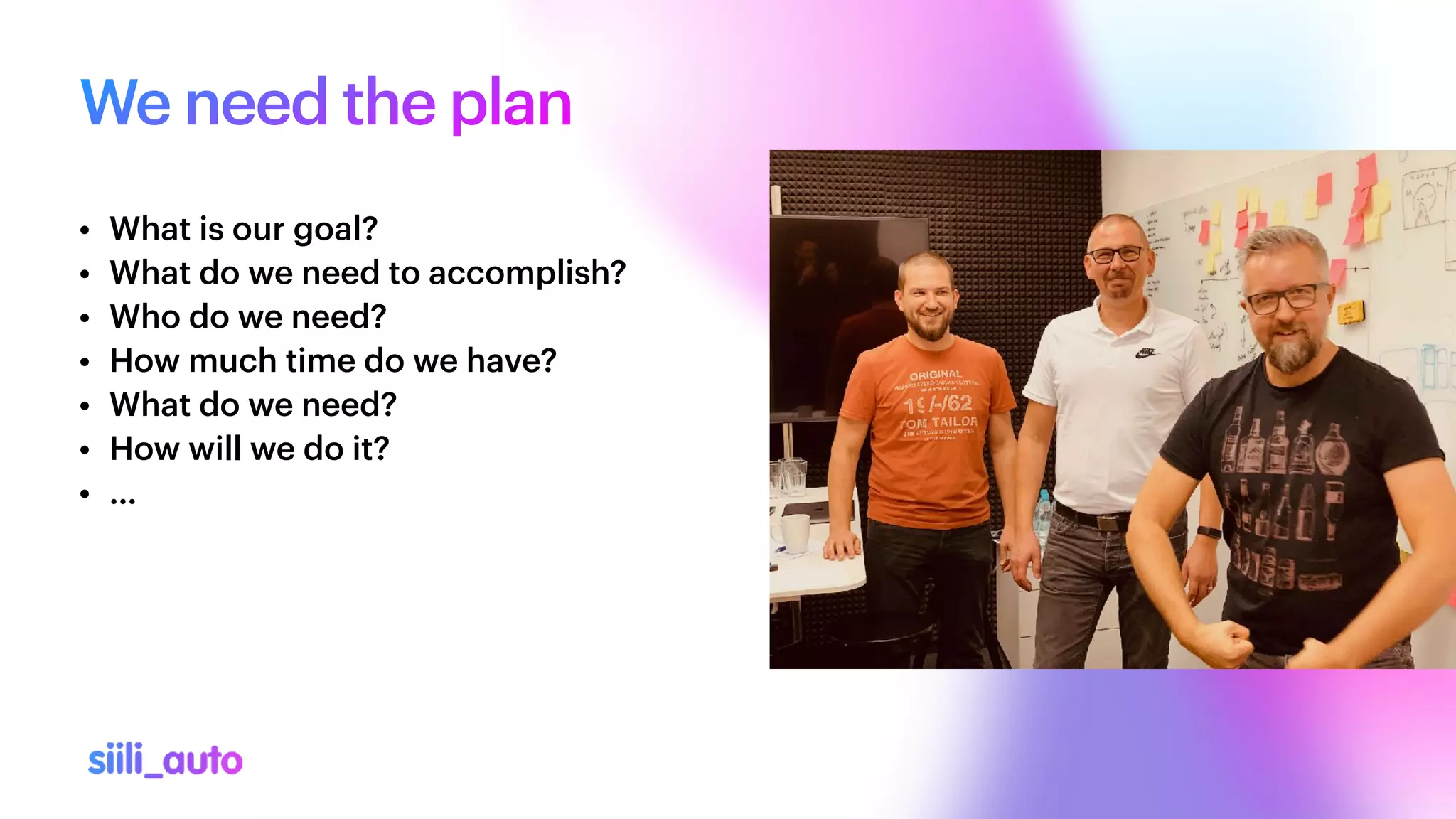 We need the plan
• What is our goal?


• What do we need to accomplish?


• Who do we need?


• How much time do we have?


• What do we need?


• How will we do it?


• …
 