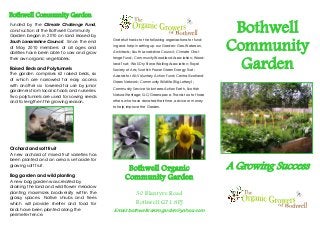 Bothwell Community Garden
Funded by the Climate Challenge Fund,
construction of the Bothwell Community
Garden began in 2010 on land leased by
                                              Grateful thanks to the following organisations for fund-
                                                                                                          Bothwell
South Lanarkshire Council. Since the end
of May 2010 members of all ages and
abilities have been able to sow and grow
                                              ing and help in setting up our Garden: Geo.Waterson,
                                              Architects; South Lanarkshire Council; Climate Chal-
                                                                                                         Community
their own organic vegetables.                 lenge Fund; Community Woodland Association; Wood-


Raised Beds and Polytunnels
The garden comprises 62 raised beds, six
                                              land Trust; WoS Dry Stone Walling Association; Royal
                                              Society of Arts; Scottish Power Green Energy Trust;
                                                                                                           Garden
                                              Awards for All; Voluntary Action Fund; Central Scotland
of which are narrowed for easy access
                                              Green Network; Community Wildlife (Big Lottery);
with another six lowered for use by junior
                                              Community Service Volunteers Action Earth, Scottish
gardeners from local schools and nurseries.
                                              Natural Heritage; SLC/Greenspace. Thanks too to those
Two polytunnels are used for sowing seeds
                                              others who have donated their time, advice or money
and to lengthen the growing season.
                                              to help improve the Garden.




Orchard and soft fruit
A new orchard of mixed fruit varieties has
been planted and an area is set aside for
growing soft fruit.
                                                      Bothwell Organic                                   A Growing Success
Bog garden and wild planting
A new bog garden was created by
                                                     Community Garden
draining the land and wild flower meadow
planting maximizes biodiversity within the                  30 Blantyre Road
grassy spaces. Native shrubs and trees
which will provide shelter and food for                     Bothwell G71 8PJ
birds have been planted along the             Email: bothwellcommgarden@yahoo.com
perimeter fence.
 