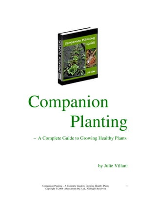 Companion
    Planting
– A Complete Guide to Growing Healthy Plants




                                                        by Julie Villani



    Companion Planting – A Complete Guide to Growing Healthy Plants    1
      Copyright © 2008 Urban Assets Pty. Ltd., All Rights Reserved
 