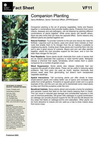 Fact Sheet                                                                              VF11
                                        Companion Planting
                                        Gerry McMahon, Senior Technical Officer, DPIFM Darwin


                                        Companion planting is the art of growing vegetables, herbs and flowers
                                        together in combinations that promote healthy plants. Protection from some
                                        insects, diseases and soil pathogens, can be obtained by planting different
                                        combinations of plants together. While some plants can benefit others,
                                        there are also some that can have the opposite effect. Some reasons why
                                        different plants are planted together are:
                                        Natural Fertiliser: To provide nutrients to the soil and reduce the need for
                                        fertiliser. Legumes such as beans, peas and clover have nodules on their
                                        roots that enable them to fix nitrogen from the air making it available to
                                        neighbouring plants. Cutting down these plants and mulching them into the
                                        soil is also a good source of nutrients. Beans and corn are often planted
                                        together, where the corn provides support for the bean, and in turn the
                                        bean fixes nitrogen for the corn.
Beans and corn
are often planted together              Pest Repellents: Some plants exude chemicals from roots or leaves that
                                        act as natural pesticides that suppress or repel harmful pests. Marigolds
                                        release a chemical that repels nematodes, which makes them a useful
                                        companion for a number of garden crops.
                                        Weed Suppression: Some plants also release chemicals that can
                                        suppress the growth of other plants. These can be useful in reducing weed
                                        problems. Hay from grain rye used as mulch, leaches chemicals that
                                        prevent weed seed from germinating, but doesn’t harm transplanted
                                        vegetable seedlings.

Marigolds release a chemical
                                        Spatial Interactions: Tall sun-loving plants can offer shade to lower
that repels nematodes                   shade-tolerant plants and makes better use of space and increases total
                                        yields from small gardens. Pumpkins or squash grown under corn is a good
                                        example of this, and the corn can also act to disorientate some insect pests
      DEPARTMENT OF PRIMARY
      INDUSTRY, FISHERIES AND MINES
                                        so they can’t find the pumpkins under the corn.
      Crops, Forestry and               Beneficial Habitats: Some plants attract and provide a home for predatory
      Horticulture Division             and parasitic insects that feed on the bad insects keeping them in check.
      GPO Box 3000                      This can result in reduced pest damage and considerable reduction in the
      Darwin NT 0801                    use of chemical pesticides. Dill grown with cabbages is a good combination
      Tel: 08 8999 2357
      Fax: 08 8999 2049                 as cabbage can provide physical support for the dill and the dill attracts the
      Email: horticulture@nt.gov.au     tiny wasp that feeds on cabbage-worms and caterpillars. Other plants can
      Web: www.horticulture.nt.gov.au   be more attractive to insects and are used as a trap to draw insects away
                                        from some crops.
     Disclaimer:
     While all reasonable efforts
     have been made to ensure that
     the information contained in
     this publication is correct, the
     information covered is subject
     to change. The Northern
     Territory Government does not
     assume and hereby disclaims
     any express or implied liability
     whatsoever to any party for any
     loss or damage caused by
     errors or omissions, whether
     these errors or omissions result
     from negligence, accident or
     any other cause.




     Published 2005
 