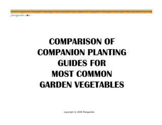 COMPARISON OF
COMPANION PLANTING
    GUIDES FOR
  MOST COMMON
GARDEN VEGETABLES

     copyright © 2009 Plangarden
 