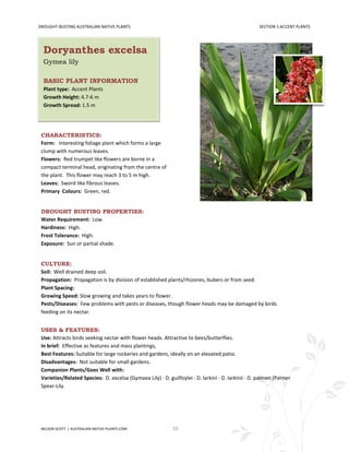 DROUGHT-BUSTING AUSTRALIAN NATIVE PLANTS                                                             SECTION 1:ACCENT PLANTS




  Doryanthes excelsa
  Gymea lily

  BASIC PLANT INFORMATION
  Plant type: Accent Plants
  Growth Height: 4.7-6 m
  Growth Spread: 1.5 m




 CHARACTERISTICS:
 Form: Interesting foliage plant which forms a large
 clump with numerous leaves.
 Flowers: Red trumpet like flowers are borne in a
 compact terminal head, originating from the centre of
 the plant. This flower may reach 3 to 5 m high.
 Leaves: Sword like fibrous leaves.
 Primary Colours: Green, red.


 DROUGHT BUSTING PROPERTIES:
 Water Requirement: Low.
 Hardiness: High.
 Frost Tolerance: High.
 Exposure: Sun or partial shade.


 CULTURE:
 Soil: Well drained deep soil.
 Propagation: Propagation is by division of established plants/rhizones, bubers or from seed.
 Plant Spacing:
 Growing Speed: Slow growing and takes years to flower.
 Pests/Diseases: Few problems with pests or diseases, though flower heads may be damaged by birds
 feeding on its nectar.


 USES & FEATURES:
 Use: Attracts birds seeking nectar with flower heads. Attractive to bees/butterflies.
 In brief: Effective as features and mass plantings,
 Best Features: Suitable for large rockeries and gardens, ideally on an elevated patio.
 Disadvantages: Not suitable for small gardens.
 Companion Plants/Goes Well with:
 Varieties/Related Species: D. excelsa (Gymaea Lily) · D. guilfoylei · D. larkini · D. larkinii · D. palmeri (Palmer
 Spear-Lily.




 NELSON SCOTT | AUSTRALIAN-NATIVE-PLANTS.COM                 10
 