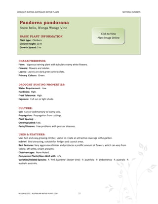 DROUGHT-BUSTING AUSTRALIAN NATIVE PLANTS                                                                SECTION 2:CLIMBERS




  Pandorea pandorana
  Snow bells, Wonga Wonga Vine
                                                                                  Click to View
  BASIC PLANT INFORMATION                                                      Plant Image Online
  Plant type: Climbers
  Growth Height: 10 m
  Growth Spread: 5 m




 CHARACTERISTICS:
 Form: Vigorous twining plant with tubular creamy white flowers.
 Flowers: Flowers are tubular.
 Leaves: Leaves are dark green with leaflets.
 Primary Colours: Green.


 DROUGHT BUSTING PROPERTIES:
 Water Requirement: Low.
 Hardiness: High.
 Frost Tolerance: High.
 Exposure: Full sun or light shade.


 CULTURE:
 Soil: Clay or sedimantary to loamy soils.
 Propagation: Propagation from cuttings.
 Plant Spacing: .
 Growing Speed: Fast.
 Pests/Diseases: Few problems with pests or diseases.


 USES & FEATURES:
 Use: Fast and easy growing climber, useful to create an attractive coverage in the garden.
 In brief: Bird attracting, suitable for hedges and coastal areas.
 Best Features: Very aggressive climber and produces a prolific amount of flowers, which can vary from
 yellow, off-wihte, cream and pink.
 Disadvantages: None Noted.
 Companion Plants/Goes Well with: n/a.
 Varieties/Related Species: P. 'Pink Supreme' (Bower Vine) · P. acutifolia · P. amboinensis · P. australis · P.
 australis australis.




 NELSON SCOTT | AUSTRALIAN-NATIVE-PLANTS.COM                18
 