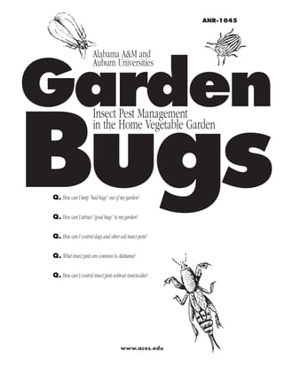 ANR-1045




Garden
                       Alabama A&M and
                       Auburn Universities




Bugs
                       Insect Pest Management
                       in the Home Vegetable Garden




Q. How can I keep “bad bugs” out of my garden?


Q. How can I attract “good bugs” to my garden?


Q. How can I control slugs and other soil insect pests?


Q. What insect pests are common to Alabama?


Q. How can I control insect pests without insecticides?




                                       www.aces.edu
 