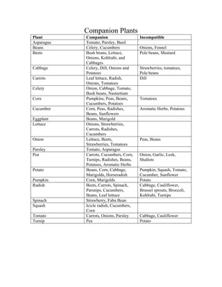 Companion Plants
Plant       Companion                   Incompatible
Asparagus   Tomato, Parsley, Basil
Beans       Celery, Cucumbers           Onions, Fennel
Beets       Bush beans, Lettuce,        Pole beans, Mustard
            Onions, Kohlrabi, and
            Cabbages
Cabbage     Celery, Dill, Onions and    Strawberries, tomatoes,
            Potatoes                    Pole beans
Carrots     Leaf lettuce, Radish,       Dill
            Onions, Tomatoes
Celery      Onion, Cabbage, Tomato,
            Bush beans, Nasturtium
Corn        Pumpkins, Peas, Beans,      Tomatoes
            Cucumbers, Potatoes
Cucumber    Corn, Peas, Radishes,       Aromatic Herbs, Potatoes
            Beans, Sunflowers
Eggplant    Beans, Marigold
Lettuce     Onions, Strawberries,
            Carrots, Radishes,
            Cucumbers
Onion       Lettuce, Beets,             Peas, Beans
            Strawberries, Tomatoes
Parsley     Tomato, Asparagus
Pea         Carrots, Cucumbers, Corn,   Onion, Garlic, Leek,
            Turnips, Radishes, Beans,   Shallots
            Potatoes, Aromatic Herbs
Potato      Beans, Corn, Cabbage,       Pumpkin, Squash, Tomato,
            Marigolds, Horseradish      Cucumber, Sunflower
Pumpkin     Corn, Marigolds             Potato
Radish      Beets, Carrots, Spinach,    Cabbage, Cauliflower,
            Parsnips, Cucumbers,        Brussel sprouts, Broccoli,
            Beans, Leaf lettuce         Kohlrabi, Turnips
Spinach     Strawberry, Faba Bean
Squash      Icicle radish, Cucumbers,
            Corn
Tomato      Carrots, Onions, Parsley    Cabbage, Cauliflower
Turnip      Pea                         Potato
 