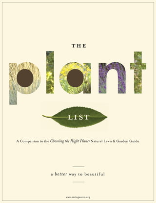 t he




                             list
A Companion to the Choosing the Right Plants Natural Lawn & Garden Guide




                    a b ett er w ay to bea utif ul



                             www.savingwater.org
 