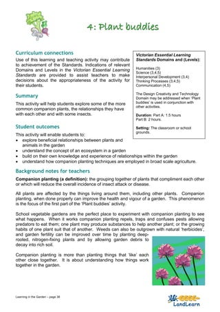 4: Plant buddies

Curriculum connections                                      Victorian Essential Learning
Use of this learning and teaching activity may contribute   Standards Domains and (Levels):
to achievement of the Standards. Indications of relevant
                                                            Humanities (3)
Domains and Levels in the Victorian Essential Learning
                                                            Science (3,4,5)
Standards are provided to assist teachers to make           Interpersonal Development (3,4)
decisions about the appropriateness of the activity for     Thinking Processes (3,4,5)
their students.                                             Communication (4,5)

                                                            The Design Creativity and Technology
Summary                                                     Domain may be addressed when ‘Plant
This activity will help students explore some of the more   buddies’ is used in conjunction with
                                                            other activities.
common companion plants, the relationships they have
with each other and with some insects.                      Duration: Part A: 1.5 hours
                                                            Part B: 2 hours.

Student outcomes                                            Setting: The classroom or school
                                                            grounds.
This activity will enable students to:
• explore beneficial relationships between plants and
   animals in the garden
• understand the concept of an ecosystem in a garden
• build on their own knowledge and experience of relationships within the garden
• understand how companion planting techniques are employed in broad scale agriculture.

Background notes for teachers
Companion planting (a definition): the grouping together of plants that compliment each other
or which will reduce the overall incidence of insect attack or disease.

All plants are affected by the things living around them, including other plants. Companion
planting, when done properly can improve the health and vigour of a garden. This phenomenon
is the focus of the first part of the ‘Plant buddies’ activity.

School vegetable gardens are the perfect place to experiment with companion planting to see
what happens. When it works companion planting repels, traps and confuses pests allowing
predators to eat them; one plant may produce substances to help another plant; or the growing
habits of one plant suit that of another. Weeds can also be outgrown with natural ‘herbicides’,
and garden fertility can be improved over time by planting deep-
rooted, nitrogen-fixing plants and by allowing garden debris to
decay into rich soil.

Companion planting is more than planting things that ‘like’ each
other close together. It is about understanding how things work
together in the garden.




Learning in the Garden – page 38
 