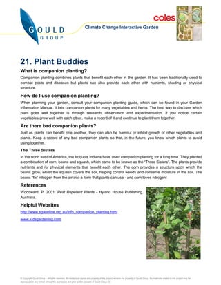 Climate Change Interactive Garden




21. Plant Buddies
What is companion planting?
Companion planting combines plants that benefit each other in the garden. It has been traditionally used to
combat pests and diseases but plants can also provide each other with nutrients, shading or physical
structure.

How do I use companion planting?
When planning your garden, consult your companion planting guide, which can be found in your Garden
Information Manual. It lists companion plants for many vegetables and herbs. The best way to discover which
plant goes well together is through research, observation and experimentation. If you notice certain
vegetables grow well with each other, make a record of it and continue to plant them together.

Are there bad companion plants?
Just as plants can benefit one another, they can also be harmful or inhibit growth of other vegetables and
plants. Keep a record of any bad companion plants so that, in the future, you know which plants to avoid
using together.
The Three Sisters
In the north east of America, the Iroquois Indians have used companion planting for a long time. They planted
a combination of corn, beans and squash, which came to be known as the “Three Sisters”. The plants provide
nutrients and /or physical elements that benefit each other. The corn provides a structure upon which the
beans grow, whilst the squash covers the soil, helping control weeds and conserve moisture in the soil. The
beans “fix” nitrogen from the air into a form that plants can use - and corn loves nitrogen!

References
Woodward, P. 2001. Pest Repellent Plants - Hyland House Publishing,
Australia.

Helpful Websites
http://www.sgaonline.org.au/info_companion_planting.html
www.kidsgardening.com




© Copyright Gould Group – all rights reserved. All intellectual capital and property of this project remains the property of Gould Group. No materials related to this project may be
reproduced in any format without the expression and prior written consent of Gould Group Ltd.
 