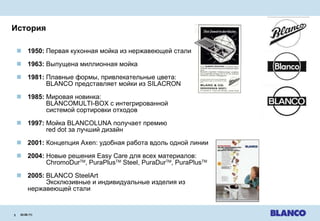 История 24.08.11 |   1950: Первая кухонная мойка из нержавеющей стали 1963: Выпущена миллионная мойка 1981: Плавные формы ,  привлекательные цвета : BLANCO  представляет мойки из  SILACRON 1985: Мировая новинка : BLANCOMULTI-BOX  с интегрированной системой сортировки отходов 1997: Мойка  BLANCOLUNA  получает премию   red dot  за лучший дизайн 2001:   Концепция  Axen:  удобная работа вдоль одной линии 2004:   Новые решения  Easy Care  для всех материалов : ChromoDur TM , PuraPlus TM  Steel, PuraDur TM , PuraPlus TM 2005: BLANCO SteelArt Эксклюзивные и индивидуальные изделия из  нержавеющей стали 